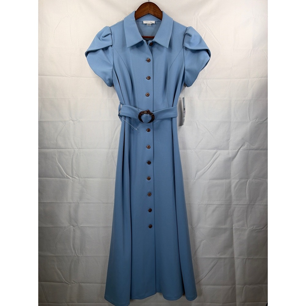 Calvin Klein Blue Button Front Belted Midi Shirtdress Petal Sleeve 6 CD4C1573